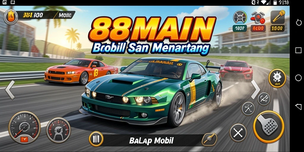 Antarmuka permainan <strong>88MAIN</strong> yang menunjukkan balapan mobil yang sangat mendebarkan.